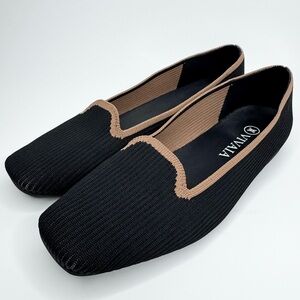 Vivaia Sylvia square toe black & brown trim ballet flats loafers shoes size 38.5
